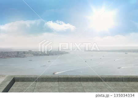 Flat design is showing tiled stone terrace with parapet overlooking sea with boats and bridge Flat design is showing tiled stone terrace with parapet overlooking sea with boats and bridge 135034334