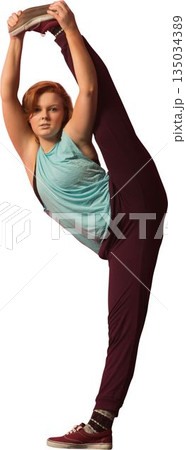Woman is stretching her leg wearing flat design activewear, red sneakers, socks on white background 135034389
