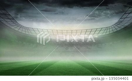 Empty stadium is being shown in flat style, striped field, curved roof, floodlights, misty sky Empty stadium is being shown in flat style, striped field, curved roof, floodlights, misty sky 135034401