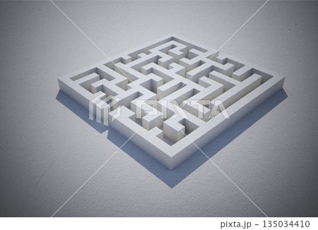 Square maze is appearing as 3D render with concrete corridors and angular shadows on pale surface 135034410