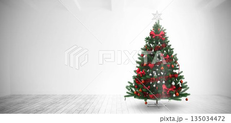 Flat illustration is showing Christmas tree standing in white room, with red bows and silver star Flat illustration is showing Christmas tree standing in white room, with red bows and silver star 135034472