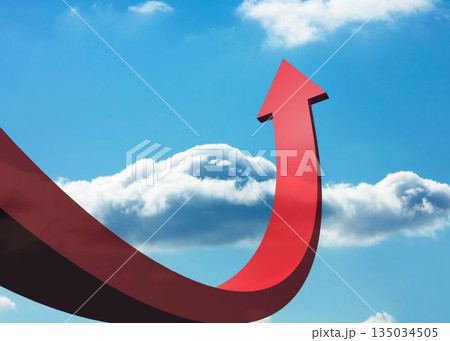 Red curved arrow pointing against sky Red curved arrow pointing against sky 135034505