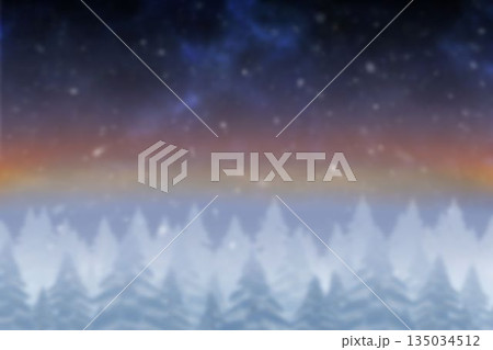 Evergreens are standing beneath starry sky with falling snow and aurora glow, flat vector design Evergreens are standing beneath starry sky with falling snow and aurora glow, flat vector design 135034512