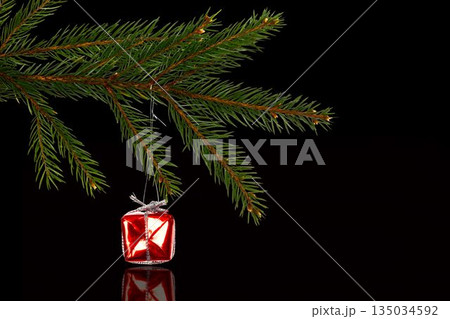 Small red gift box with silver ribbon is hanging from pine branch in 3D-rendered reflective scene Small red gift box with silver ribbon is hanging from pine branch in 3D-rendered reflective scene 135034592
