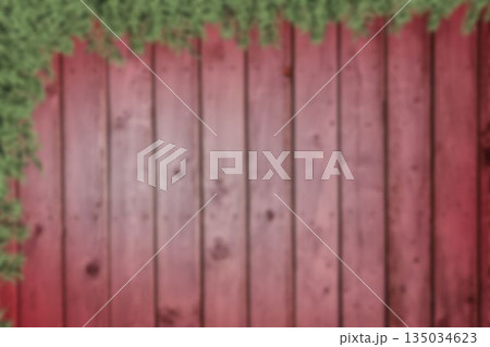 Red wooden plank fence is standing in flat vector illustration outdoors with green climbing vines 135034623