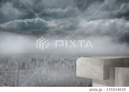 Concrete observation ledge is revealing misty city skyline under storm clouds in flat design Concrete observation ledge is revealing misty city skyline under storm clouds in flat design 135034639