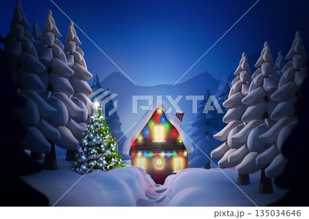 Flat design winter night is showing snowy cabin and Christmas tree in forest clearing, with lights 135034646