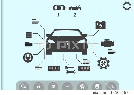 Stylized car icon showing maintenance icons and navigation icons on light blue digital dashboard 135034675