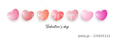 Valentine Day background with row of glossy pink and red heart shapes on white backdrop, romantic love concept for couples, wedding, anniversary, greeting card, banner, celebration and sweet. Valentine Day background with row of glossy pink and red heart shapes on white backdrop, romantic love concept for couples, wedding, anniversary, greeting card, banner, celebration and sweet. 135035112