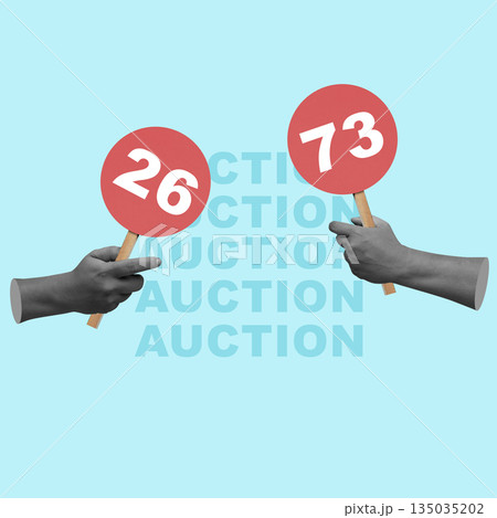 Two hands holding up auction bid paddles with the numbers 26 and 73. Collage art. Concept of competition, sales, and the auction process 135035202