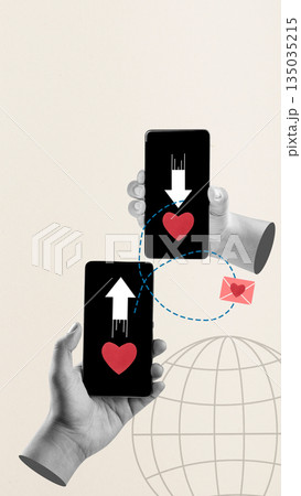 Two hands are holding smartphones and sending messages of love to each other via the internet, illustrated by hearts and an envelope. Collage art. Concept of Long Distance Relationship 135035215