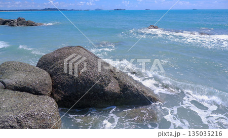 Tropical Beach Landscape with Granite Rocks and Turquoise Sea Water in Sungailiat Bangka Island 135035216