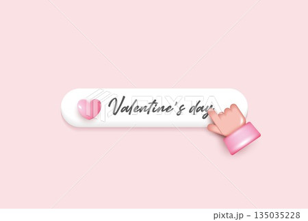 Cute Valentine Day button with red heart icon and hand cursor click, minimal 3D illustration on pastel background, love concept for UI, web banner, app interface, romantic promotion. 135035228