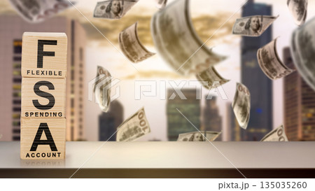 Stacked wooden blocks spelling out "FSA" with falling dollar bills. Concept of a Flexible Spending Account (FSA) Stacked wooden blocks spelling out "FSA" with falling dollar bills. Concept of a Flexible Spending Account (FSA) 135035260