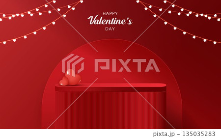 Red podium display background products for valentine day in love platform. stand to show cosmetic with craft style. symbols of love for happy. vector design Red podium display background products for valentine day in love platform. stand to show cosmetic with craft style. symbols of love for happy. vector design 135035283
