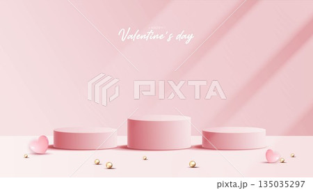 Pink podium display background products for valentine day in love platform. stand to show cosmetic with craft style. symbols of love for happy. vector design. Pink podium display background products for valentine day in love platform. stand to show cosmetic with craft style. symbols of love for happy. vector design. 135035297