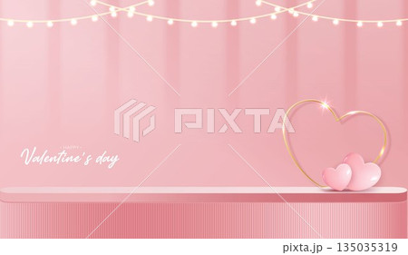 Pink podium display background products for valentine day in love platform. stand to show cosmetic with craft style. symbols of love for happy. vector design. 135035319