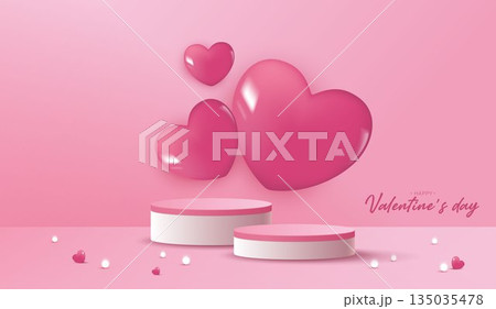 Pink podium display background products for valentine day in love platform. stand to show cosmetic with craft style. symbols of love for happy. vector design. Pink podium display background products for valentine day in love platform. stand to show cosmetic with craft style. symbols of love for happy. vector design. 135035478