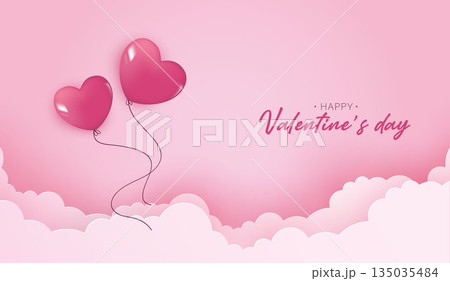 Happy Valentine Day background with pink heart balloons floating above soft clouds, romantic love concept for couples, greeting card, wedding, anniversary, banner and sweet celebration design. Happy Valentine Day background with pink heart balloons floating above soft clouds, romantic love concept for couples, greeting card, wedding, anniversary, banner and sweet celebration design. 135035484