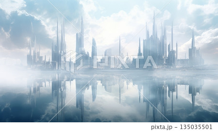 A dreamlike, undefined cityscape with ethereal elements 135035501