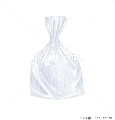 Transparent plastic food bag. Watercolor illustration of a package. Hand drawn vintage sketch on white isolated background. Water color painting art image. A small pouch for cookies or candies Transparent plastic food bag. Watercolor illustration of a package. Hand drawn vintage sketch on white isolated background. Water color painting art image. A small pouch for cookies or candies 135036276