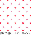 Seamless Pattern of small red and pink Hearts. Watercolor illustration of a symbol of love. Hand drawn sketch on a white isolated Background. Water color painting. Ideal for prints on paper or fabric 135036277