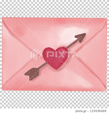 Soft watercolor illustration of a pink envelope decorated with a red heart pierced by an arrow. 135036489