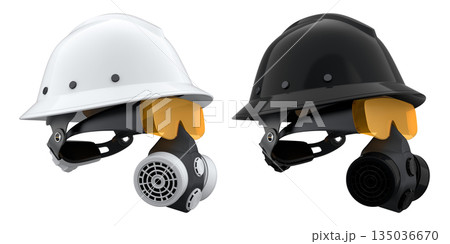 Protective helmets with respirators on white background with clipping path, safety equipment 135036670