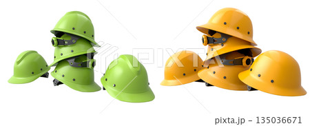 Set of construction safety helmets isolated on white transparent background, symbolizing safety and industry standards 135036671