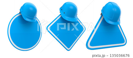 Blank traffic signs with different shapes and colors on metal poles on white background with clipping path, concept of road safety Blank traffic signs with different shapes and colors on metal poles on white background with clipping path, concept of road safety 135036676