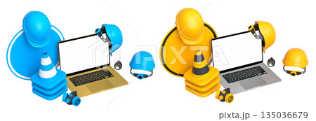 Laptops with blank screens surrounded by construction helmets, cones and warning signs on white background with clipping path 135036679