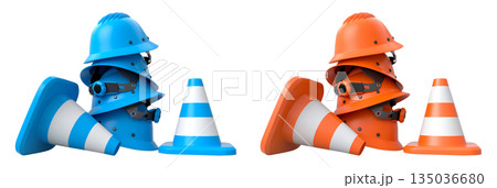 Stack of construction helmets and traffic cones isolated white background with clipping path, representing safety equipment 135036680