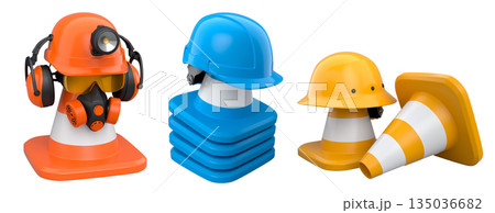 Stack of construction helmets and traffic cones isolated white background with clipping path, representing safety equipment Stack of construction helmets and traffic cones isolated white background with clipping path, representing safety equipment 135036682