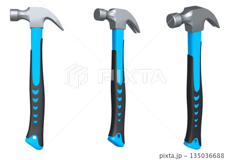 Set of claw hammers with yellow, green, and blue grips isolated on white background, concept of construction tools 135036688