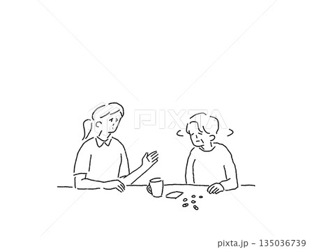 服薬拒否をする高齢女性と介護士の女性(看護師)、線画 服薬拒否をする高齢女性と介護士の女性(看護師)、線画 135036739