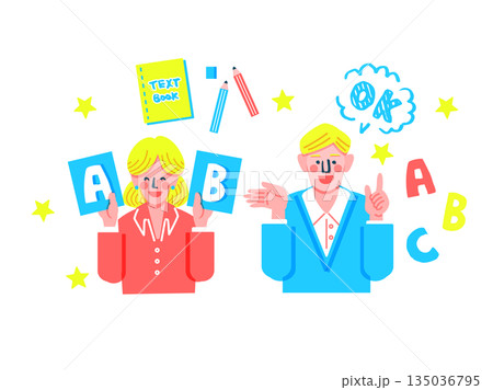 英会話教室の外国人講師(男女)と学習アイテム素材のイラストセット 英会話教室の外国人講師(男女)と学習アイテム素材のイラストセット 135036795