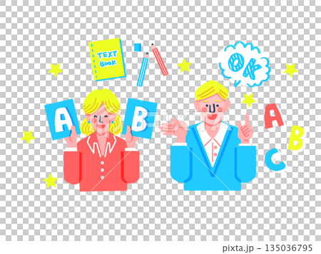 Illustration set of foreign English conversation class instructors (male and female) and learning items Illustration set of foreign English conversation class instructors (male and female) and learning items 135036795
