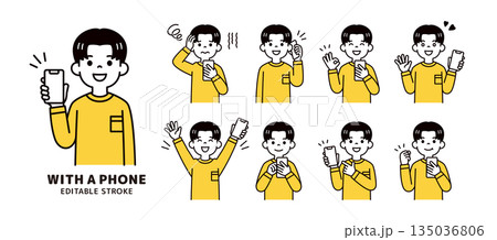 スマホを持つ若い男性・男子学生のシンプルな表情・ポーズセット＿上半身ベクターイラスト素材 135036806