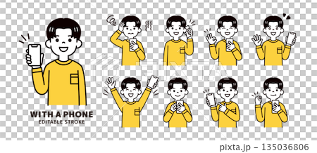 Simple facial expression and pose set of a young man/male student holding a smartphone_Upper body vector illustration material Simple facial expression and pose set of a young man/male student holding a smartphone_Upper body vector illustration material 135036806