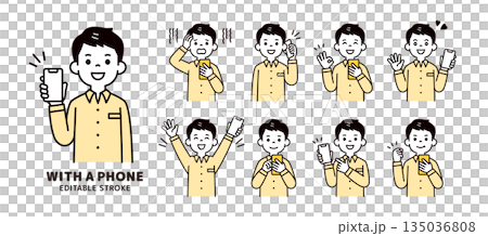 Simple facial expressions and pose sets of men in their 20s and 30s holding smartphones_Upper body vector illustration material 135036808