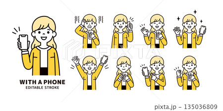 スマホを持つ20代・30代の女性のシンプルな表情・ポーズセット_上半身ベクターイラスト素材 スマホを持つ20代・30代の女性のシンプルな表情・ポーズセット_上半身ベクターイラスト素材 135036809