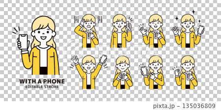 一組簡單的面部表情和姿勢圖，描繪了20多歲和30多歲的女性手持智慧型手機的形象_上半身向量插圖素材 135036809