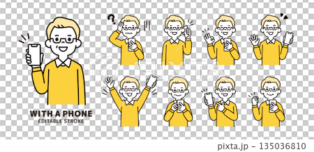 Simple facial expression and pose set of an elderly man holding a smartphone - upper body vector illustration Simple facial expression and pose set of an elderly man holding a smartphone - upper body vector illustration 135036810