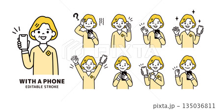 スマホを持つ高齢女性・おばあさんのシンプルな表情・ポーズセット＿上半身ベクターイラスト素材 135036811