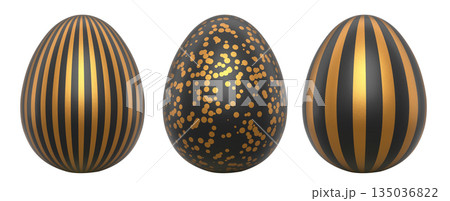 Elegant black eggs with gold patterns, isolated on white transparent background. Elegant black eggs with gold patterns, isolated on white transparent background. 135036822