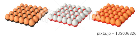 Plastic trays filled with neatly stacked brown and white eggs, isolated on white transparent background. Plastic trays filled with neatly stacked brown and white eggs, isolated on white transparent background. 135036826