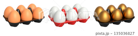 Plastic trays filled with neatly stacked brown, gold and white eggs, isolated on white transparent background. Plastic trays filled with neatly stacked brown, gold and white eggs, isolated on white transparent background. 135036827