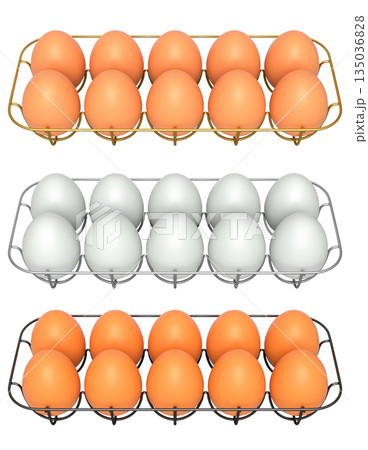 Metal trays filled with neatly stacked white and brown eggs, isolated on white transparent background. 135036828