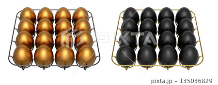 Metal trays filled with neatly stacked gold and black eggs, isolated on white transparent background. 135036829