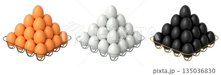Metal trays filled with neatly stacked brown, white and black eggs, isolated on white transparent background. 135036830